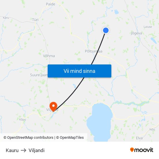 Kauru to Viljandi map