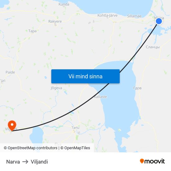 Narva to Viljandi map