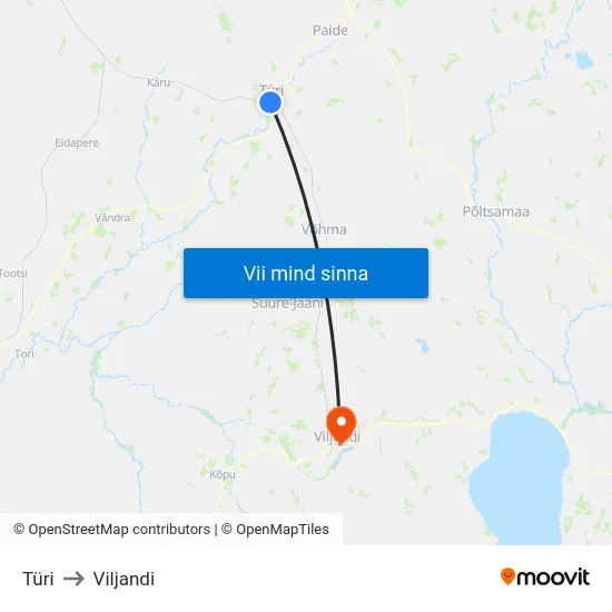 Türi to Viljandi map