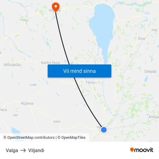 Valga to Viljandi map