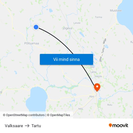 Valksaare to Tartu map
