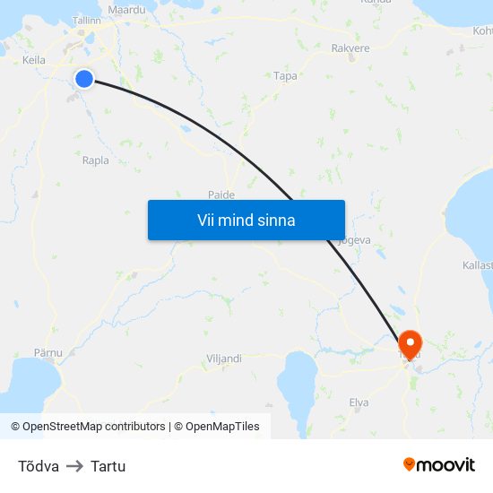 Tõdva to Tartu map
