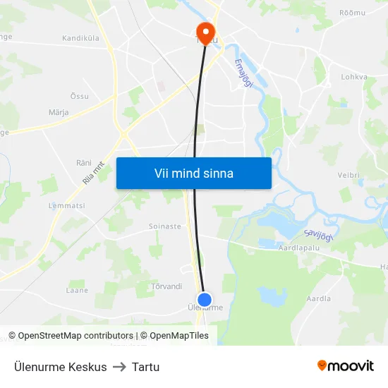 Ülenurme Keskus to Tartu map