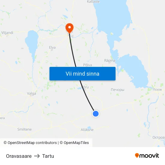 Oravasaare to Tartu map