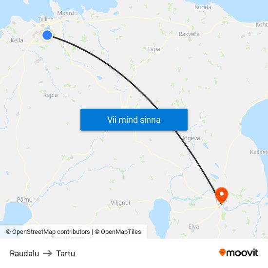Raudalu to Tartu map