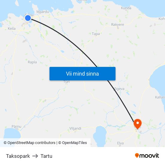 Taksopark to Tartu map