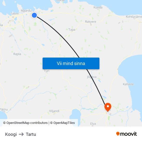 Koogi to Tartu map