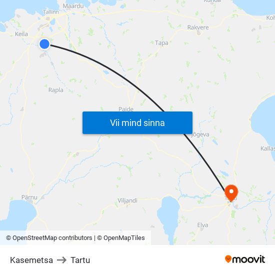 Kasemetsa to Tartu map