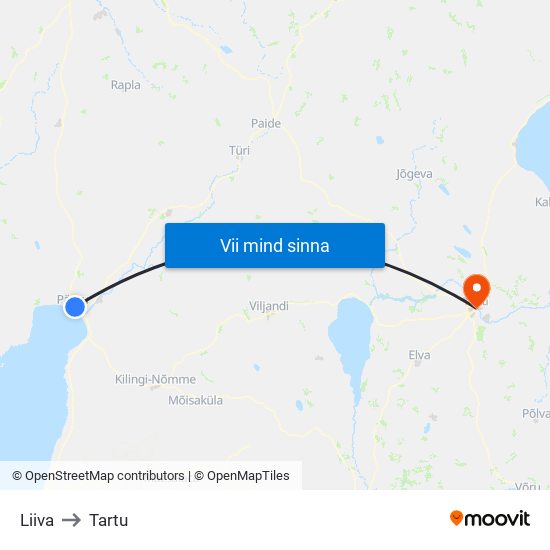 Liiva to Tartu map