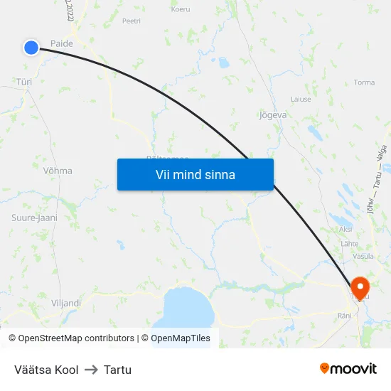 Väätsa Kool to Tartu map