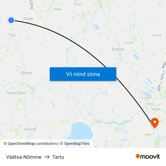 Väätsa-Nõmme to Tartu map