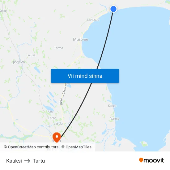 Kauksi to Tartu map