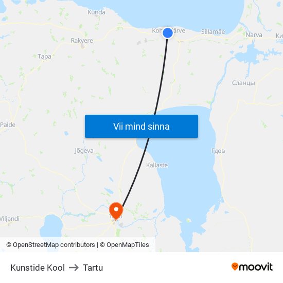 Kunstide Kool to Tartu map