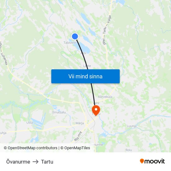 Õvanurme to Tartu map