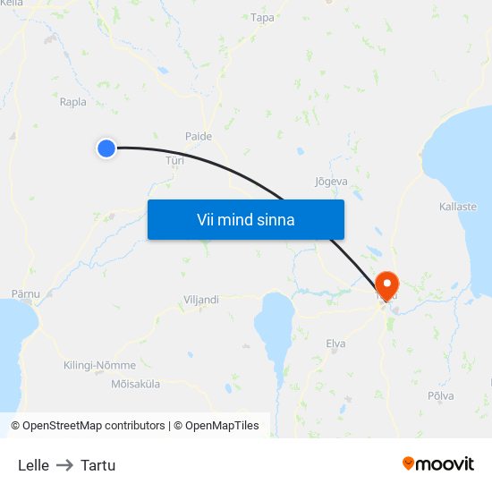 Lelle to Tartu map