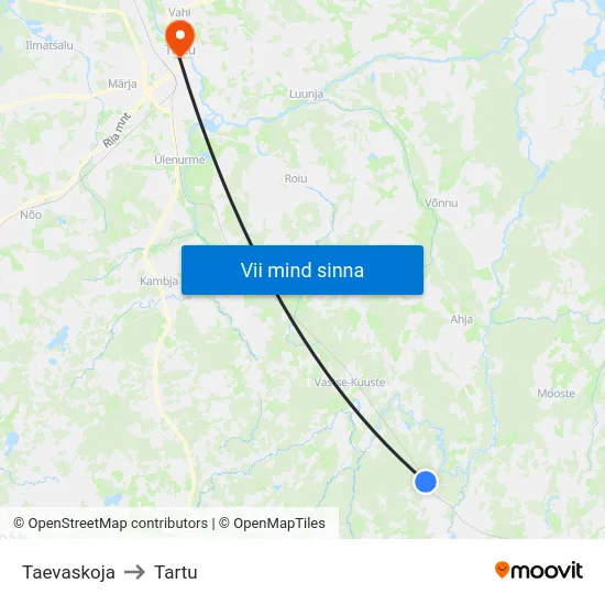 Taevaskoja to Tartu map