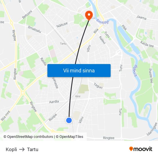 Kopli to Tartu map