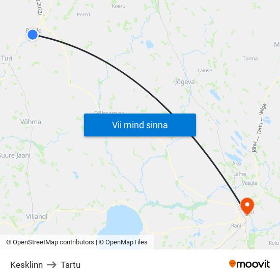 Kesklinn to Tartu map