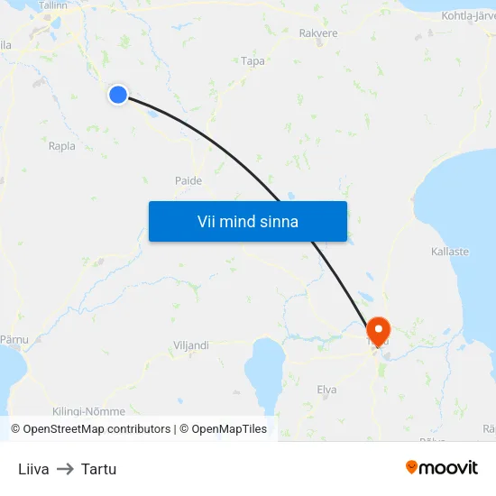 Liiva to Tartu map