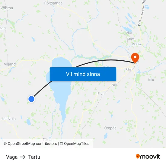 Vaga to Tartu map