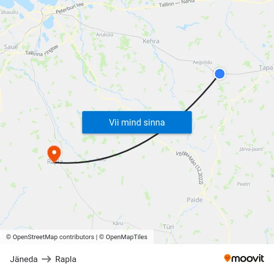 Jäneda to Rapla map
