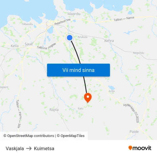 Vaskjala to Kuimetsa map