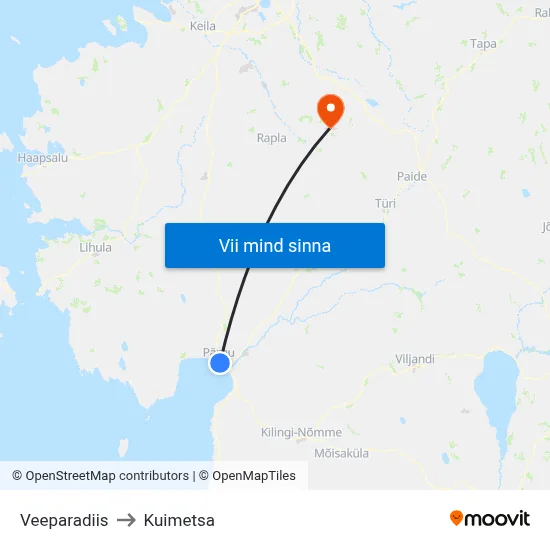 Veeparadiis to Kuimetsa map