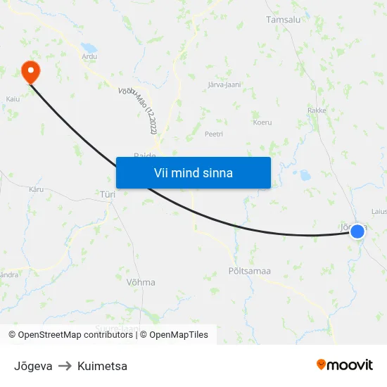 Jõgeva to Kuimetsa map