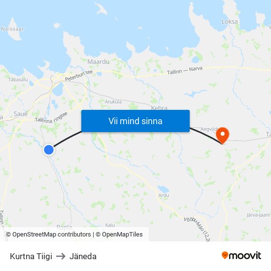 Kurtna Tiigi to Jäneda map