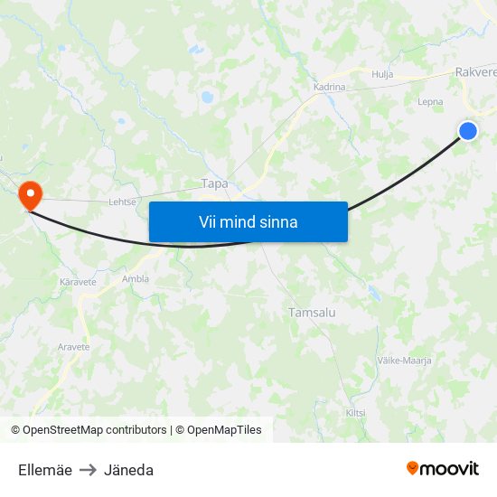 Ellemäe to Jäneda map