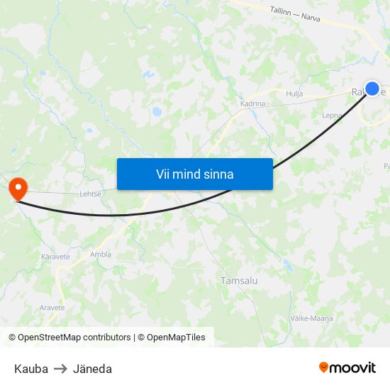 Kauba to Jäneda map