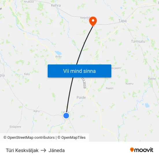 Türi Keskväljak to Jäneda map