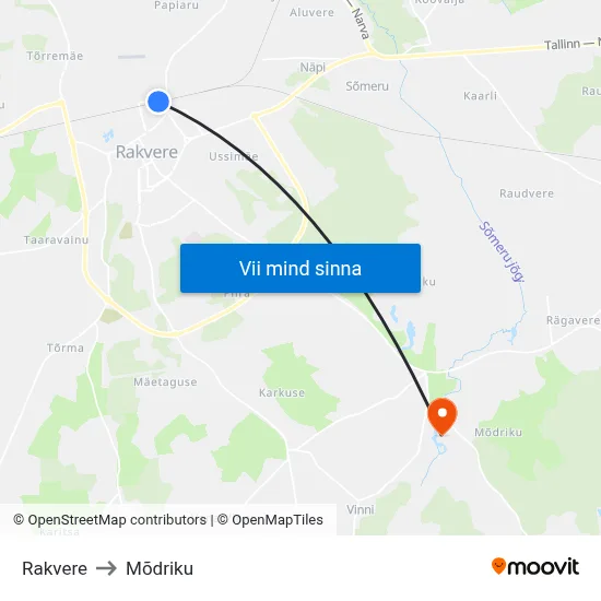 Rakvere to Mõdriku map