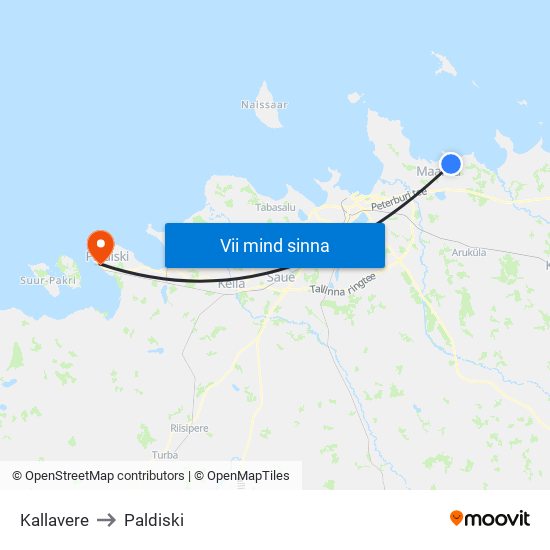 Kallavere to Paldiski map