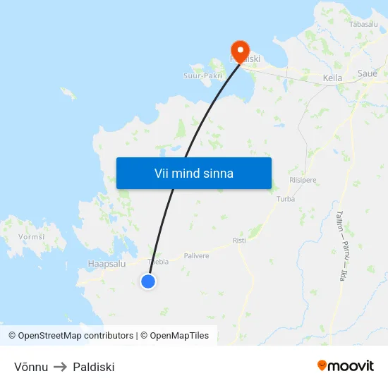 Võnnu to Paldiski map