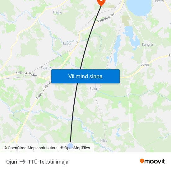 Ojari to TTÜ Tekstiilimaja map