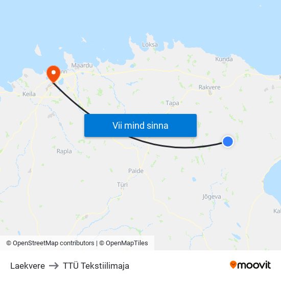 Laekvere to TTÜ Tekstiilimaja map