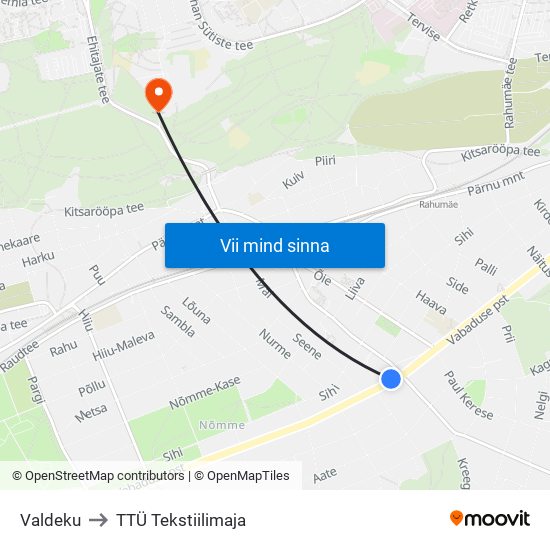 Valdeku to TTÜ Tekstiilimaja map