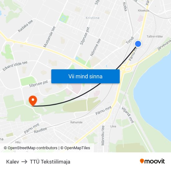 Kalev to TTÜ Tekstiilimaja map