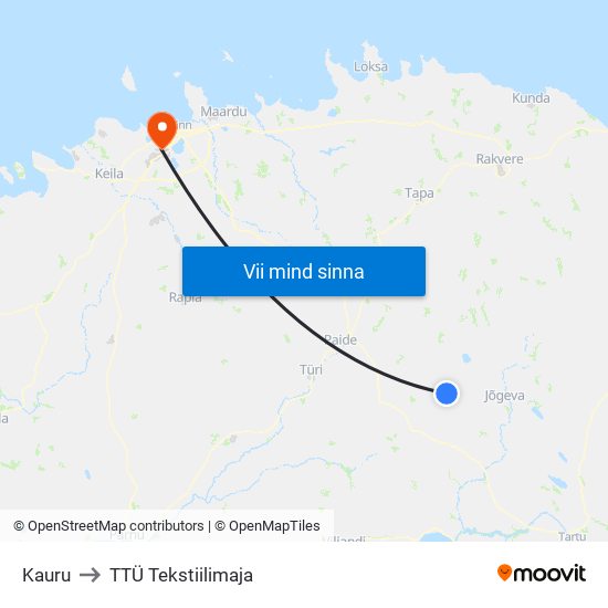 Kauru to TTÜ Tekstiilimaja map