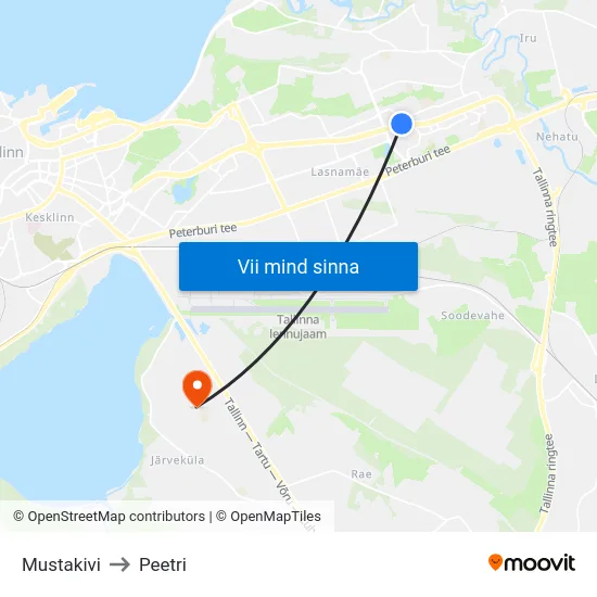 Mustakivi to Peetri map