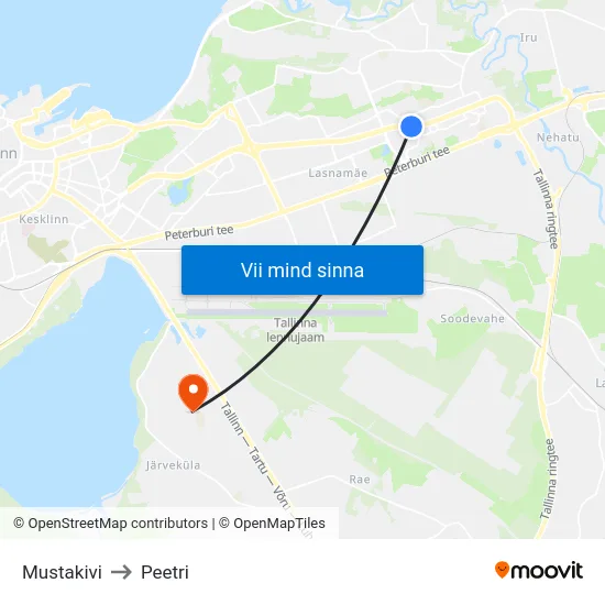 Mustakivi to Peetri map