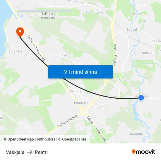 Vaskjala to Peetri map