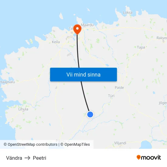 Vändra to Peetri map