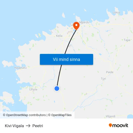 Kivi-Vigala to Peetri map