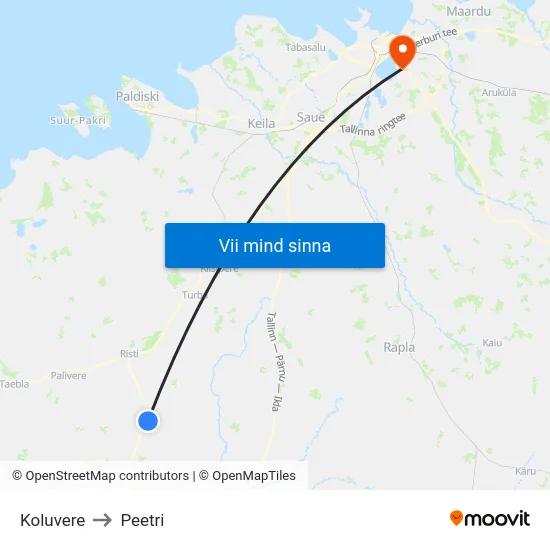 Koluvere to Peetri map
