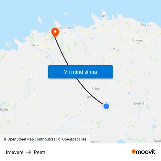Imavere to Peetri map