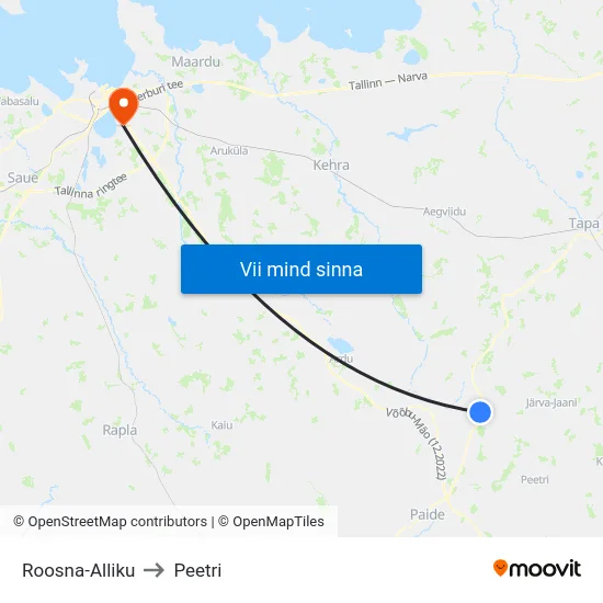 Roosna-Alliku to Peetri map