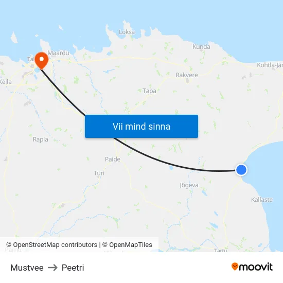 Mustvee to Peetri map