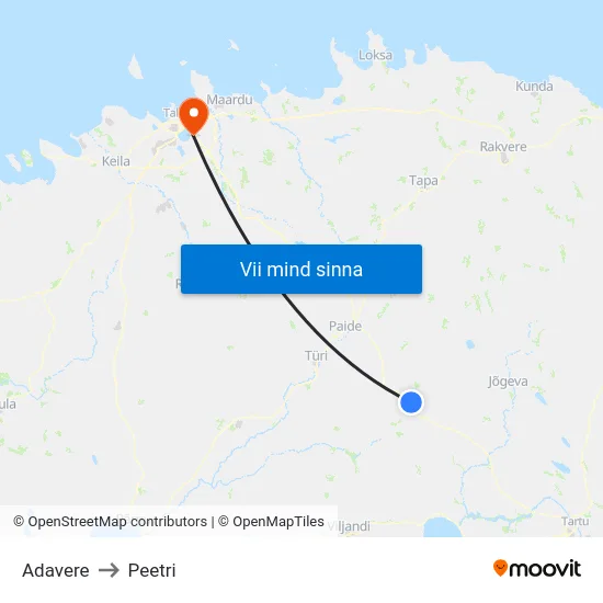 Adavere to Peetri map